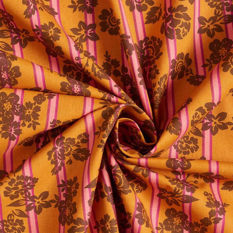 Puuvillakangas Kretonki Kukat raidoissa – currynkeltainen/purppura,  image number 3