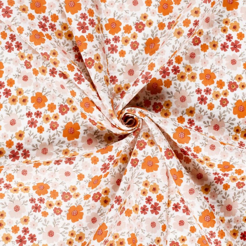 Musliini-/kaksikerroksinen kangas Kukkaketo – norsunluu/persikanoranssi,  image number 3