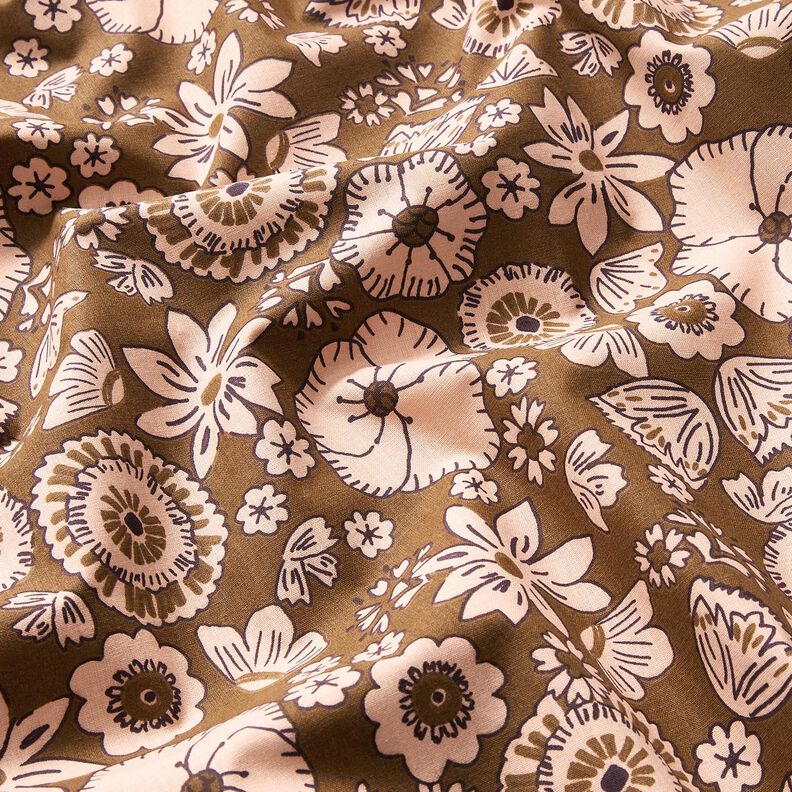 Puuvillakangas Kretonki Retrokukat &ndash; oliivi/ruusunpunainen,  image number 2