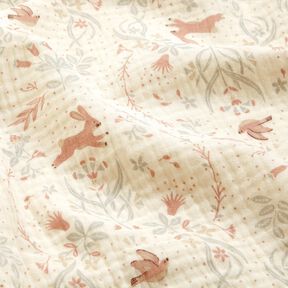 Musliini-/kaksikerroksinen kangas Lintu ja j&auml;nis kukkapuutarhassa &ndash; villanvalkoinen, 