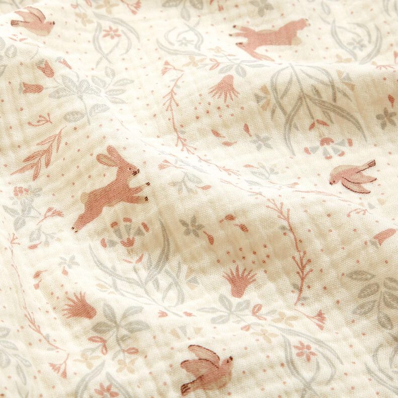 Musliini-/kaksikerroksinen kangas Lintu ja j&auml;nis kukkapuutarhassa &ndash; villanvalkoinen,  image number 2