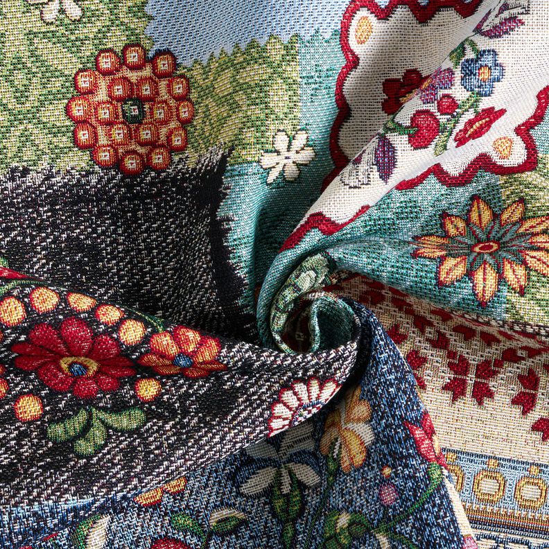 Sisustuskangas Gobeliini Farkku-tilkkutyö – vaalea beige/farkunsininen,  image number 3