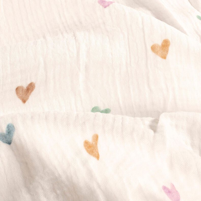 Musliini-/kaksikerroksinen kangas V&auml;rikk&auml;&auml;t syd&auml;met Digitaalipainatus &ndash; valkoinen,  image number 2