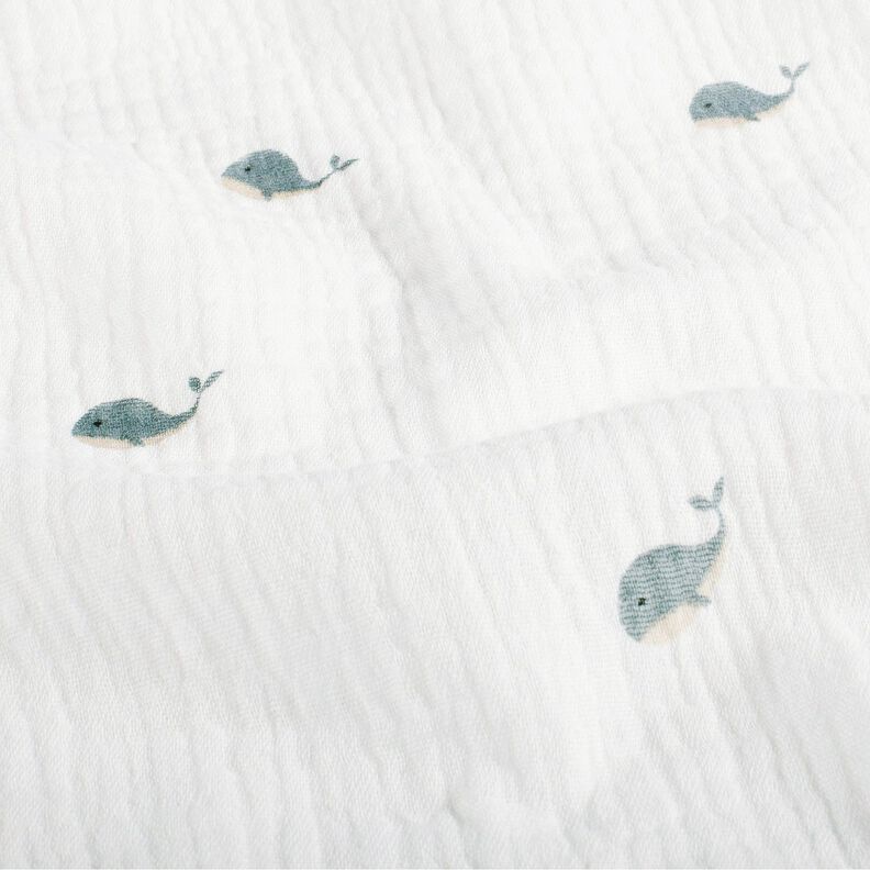 Musliini-/kaksikerroksinen kangas Pienet valaat – norsunluu/siniharmaa,  image number 2