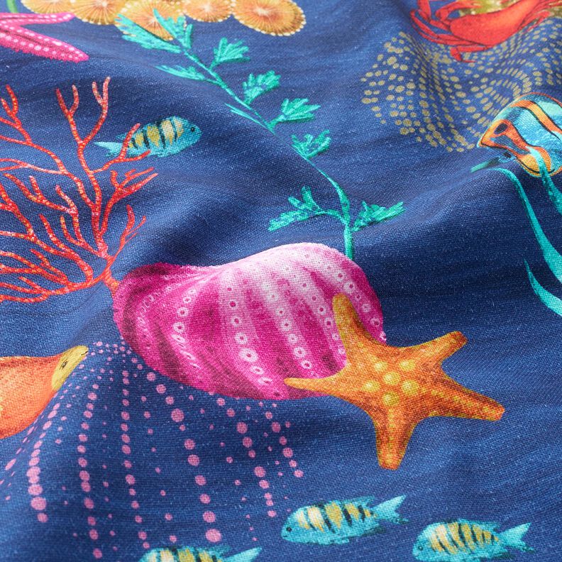 Sisustuskangas Puolipanama Värikäs vedenalainen maailma – laivastonsininen/turkoosi,  image number 2