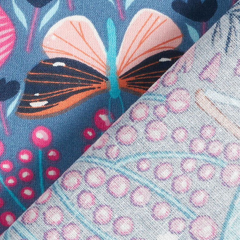 Puuvillakangas Kretonki Perhoset ja kukinnot – siniharmaa/pink,  image number 4