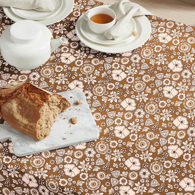 Puuvillakangas Kretonki Retrokukat &ndash; oliivi/ruusunpunainen,  image number 5