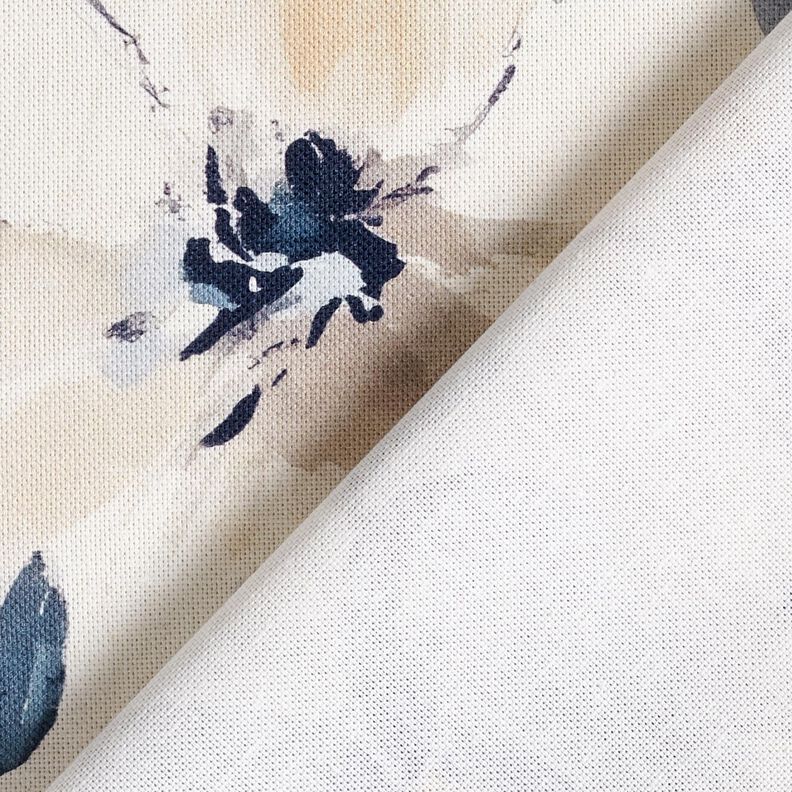 Sisustuskangas Puolipanama Suuret kukinnot &ndash; manteli/sininen,  image number 4