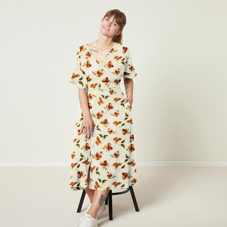 Viskoosi-pellavasekoite Akvarellikukat – luonnonvärinen/terrakotta,  image number 5