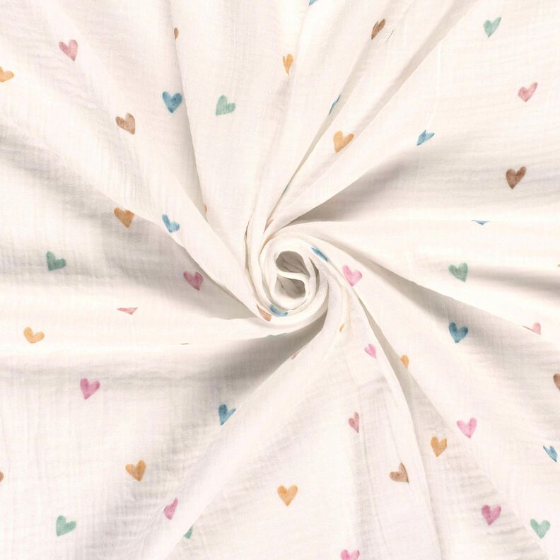 Musliini-/kaksikerroksinen kangas V&auml;rikk&auml;&auml;t syd&auml;met Digitaalipainatus &ndash; valkoinen,  image number 3