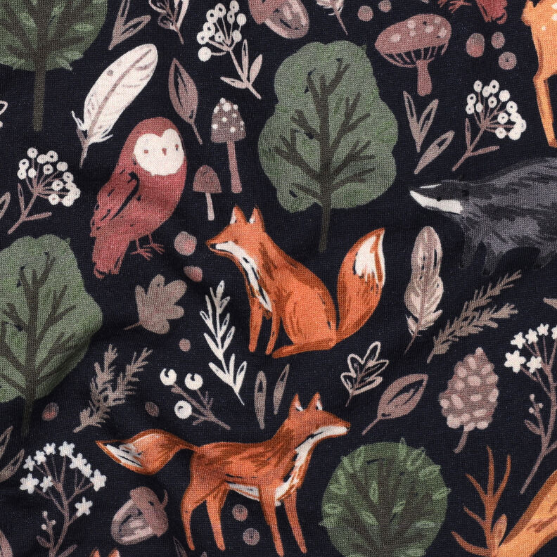 Collegekangas harjattu eläimet metsässä Digitaalipainatus | Poppy Fabrics – yönsininen,  image number 2