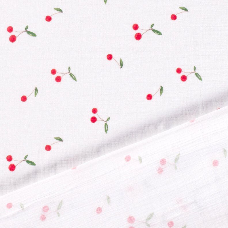 Musliini-/kaksikerroksinen kangas Akvarelli Kirsikat Digitaalipainatus – valkoinen,  image number 4