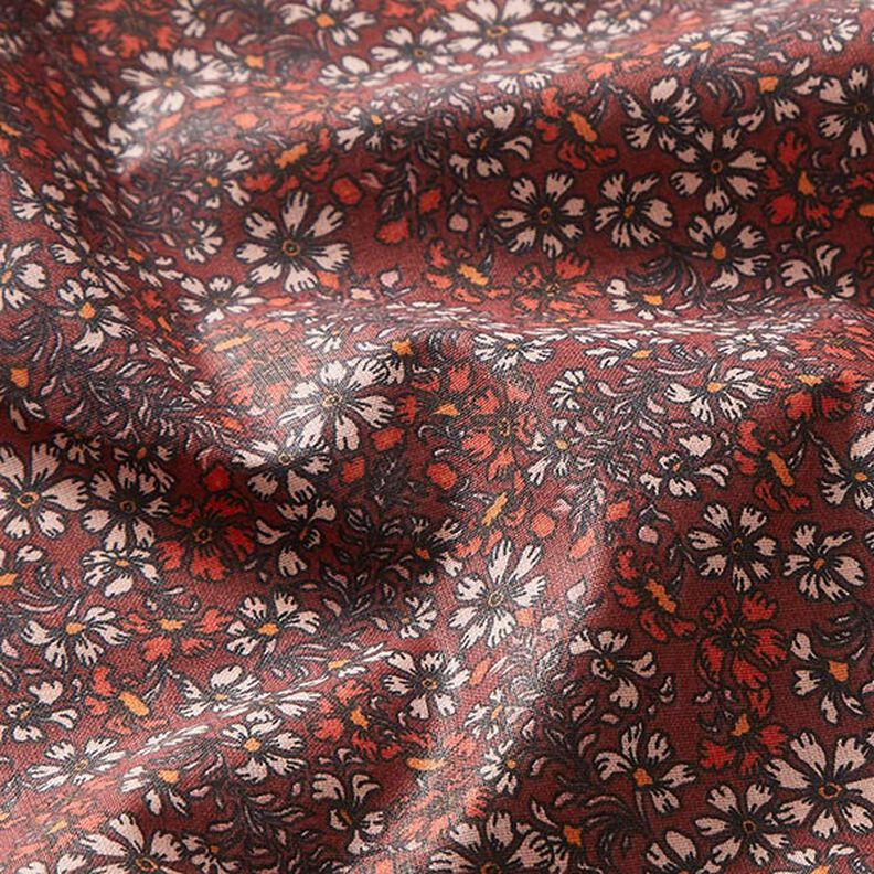 Puuvillakangas Kretonki Hajallaan olevat kukat ja oksat – karmiininpunainen,  image number 2