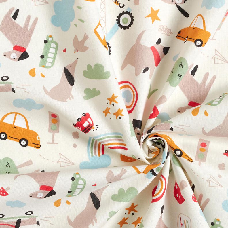 Puuvillapopliini Koirat liikkeellä– villanvalkoinen,  image number 3