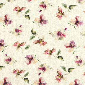 Viskoosi-pellavasekoite Akvarellikukat – luonnonvärinen/rypäle, 