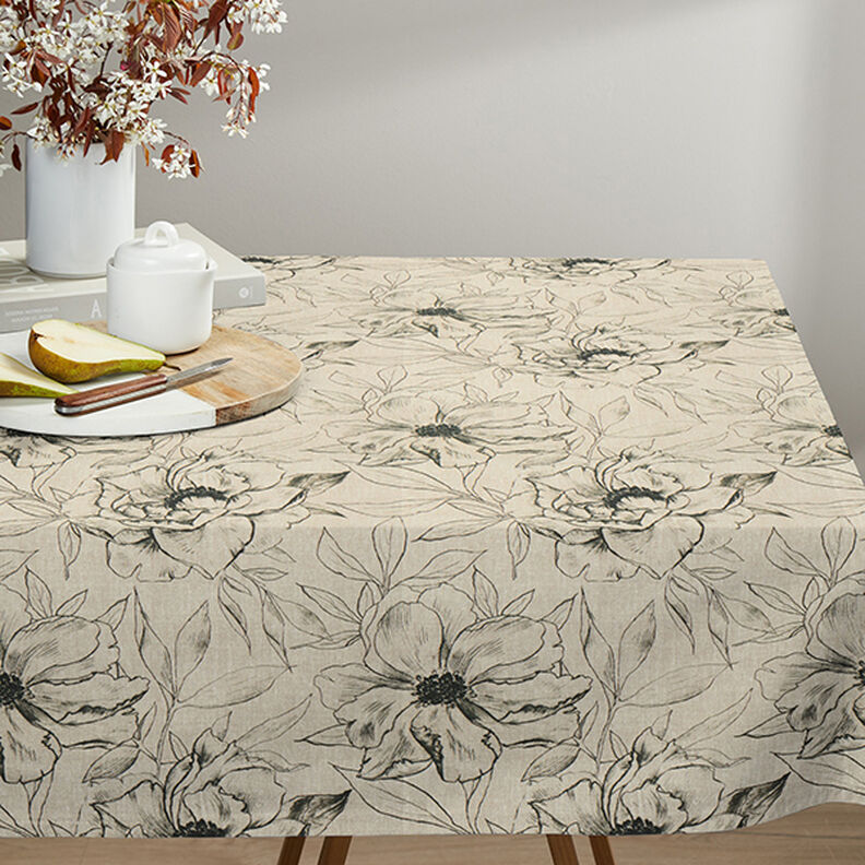 Sisustuskangas Puolipanama Piirretyt kukat – anemone/musta,  image number 6