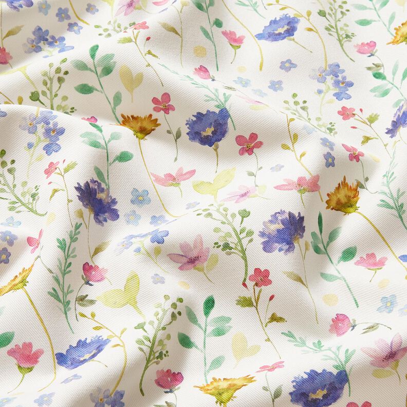 Sisustuskangas Puuvillatoimikas Niittykukat &ndash; norsunluu/sinilila,  image number 2