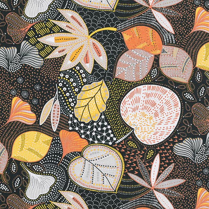 Puuvillakangas Kretonki Lehdet – musta/oranssi,  image number 6