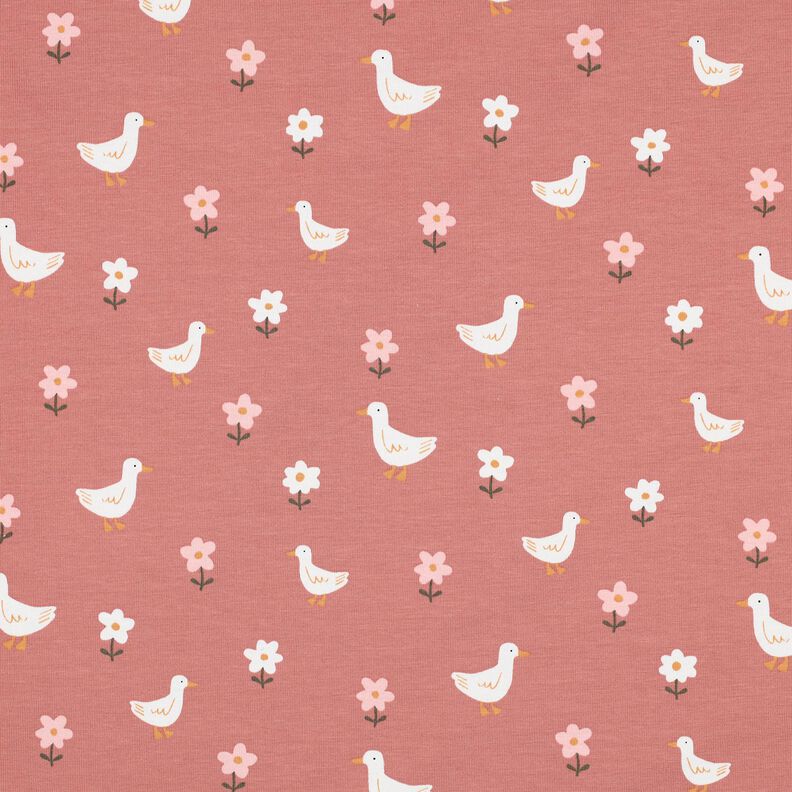 Puuvillajersey Hanhet kukkakedolla | Poppy Fabrics – tumma vanharoosa/valkoinen,  image number 1