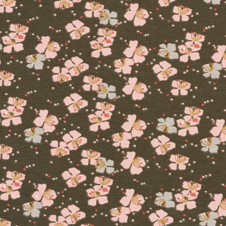 Puuvillajersey Suloiset kukkaset – khaki,  image number 1