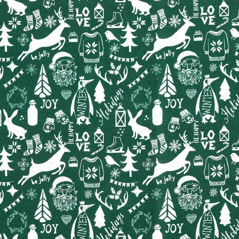 Puuvillakangas Kretonki Hyvää joulua – sinikuusi/valkoinen,  image number 1