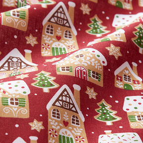 Puuvillakangas Kretonki Piparkakkutalo &ndash; karmiininpunainen, 