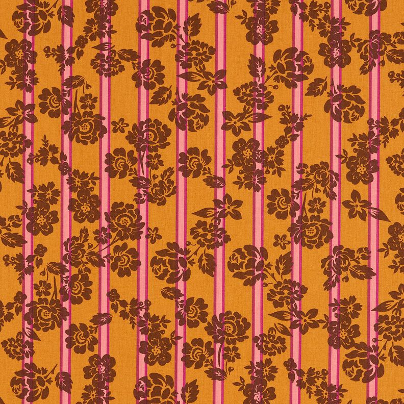 Puuvillakangas Kretonki Kukat raidoissa – currynkeltainen/purppura,  image number 1