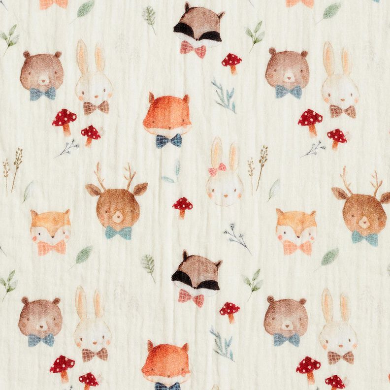 Musliini-/kaksikerroksinen kangas Metsäneläinten päät Digitaalipainatus – villanvalkoinen,  image number 1