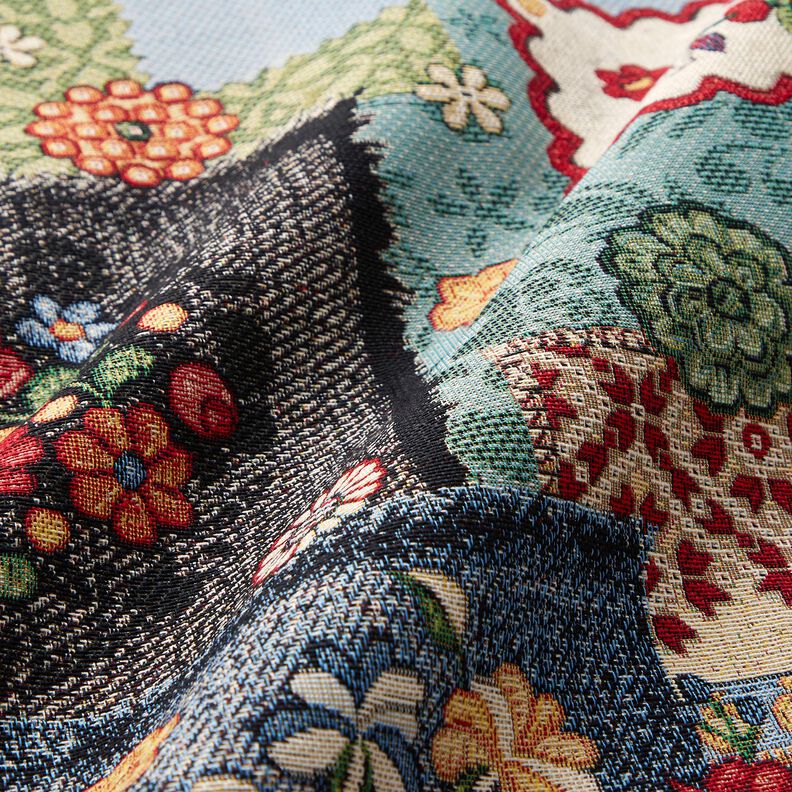 Sisustuskangas Gobeliini Farkku-tilkkutyö – vaalea beige/farkunsininen,  image number 2