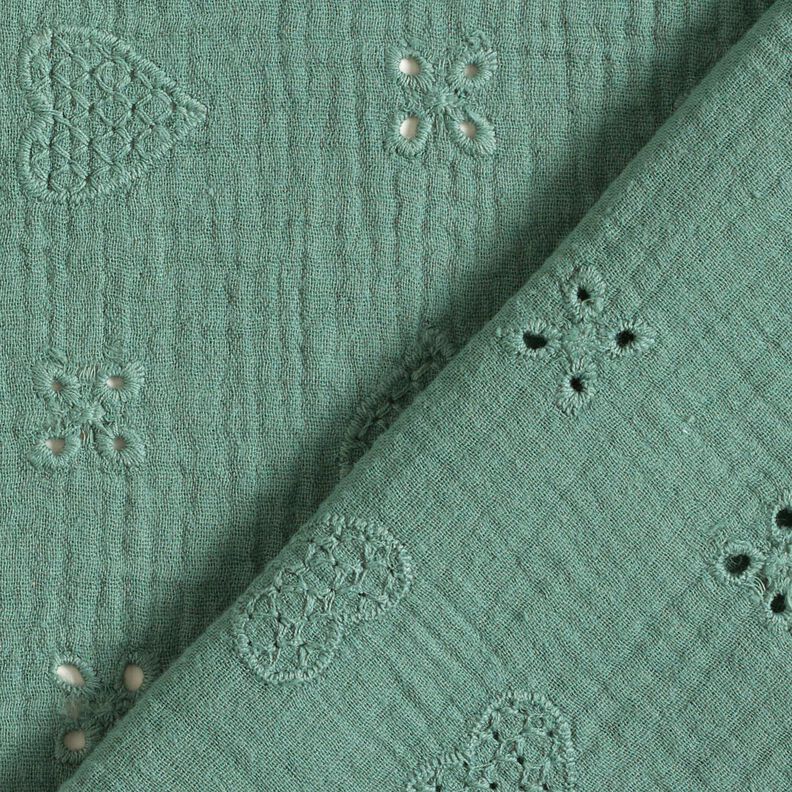 Musliini-/kaksikerroksinen kangas Reikäkirjonta Sydämet – sinikuusi,  image number 4
