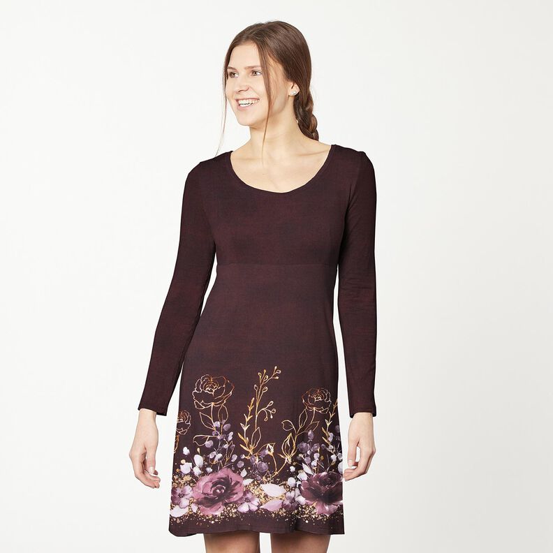 Puuvillajersey Reunuskangas Kukkia kultaisessa kimalluksessa | Glitzerp&uuml;ppi &ndash; bordeauxin,  image number 6