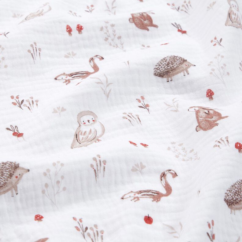 Musliini-/kaksikerroksinen kangas Eläimet metsäaukealla – valkoinen,  image number 2