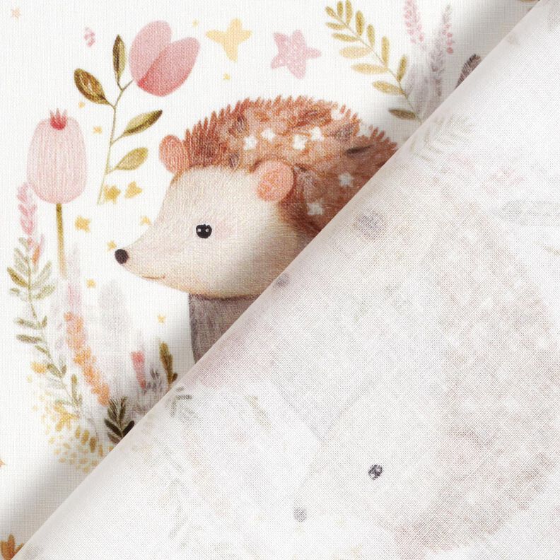 Puuvillapopliini Jänis ja siili kukkakehässä Digitaalipainatus – norsunluu,  image number 4