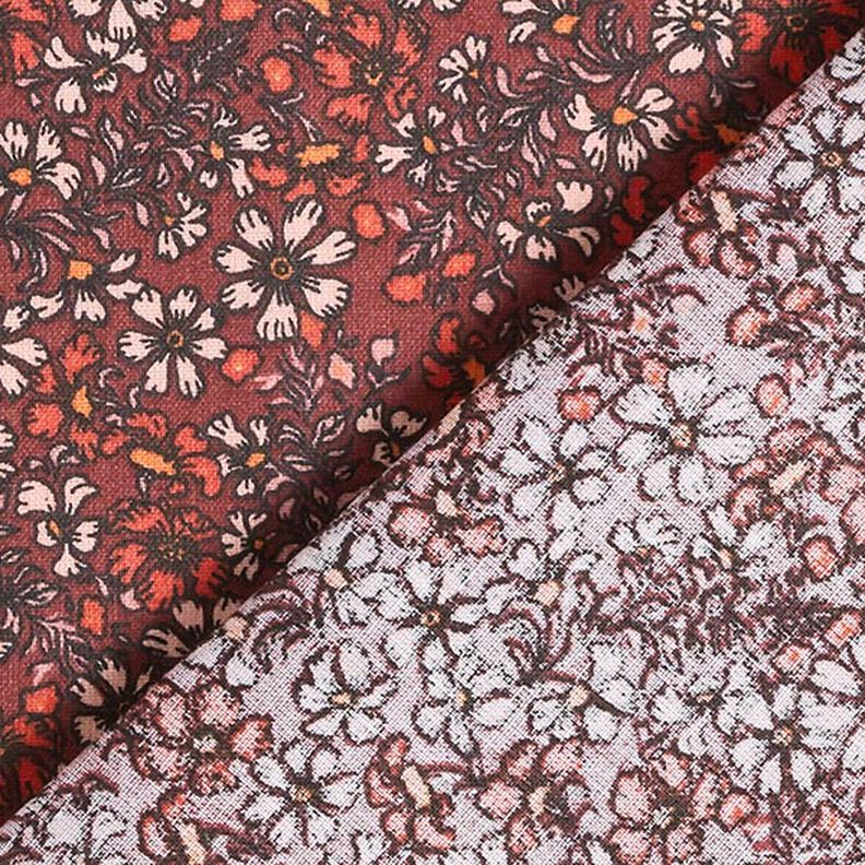 Puuvillakangas Kretonki Hajallaan olevat kukat ja oksat – karmiininpunainen,  image number 4