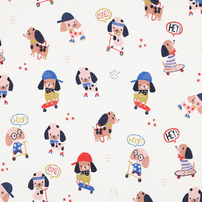 Puuvillajersey Skeittaava koira Digitaalipainatus | Poppy Fabrics &ndash; norsunluu/ruusukulta,  image number 1