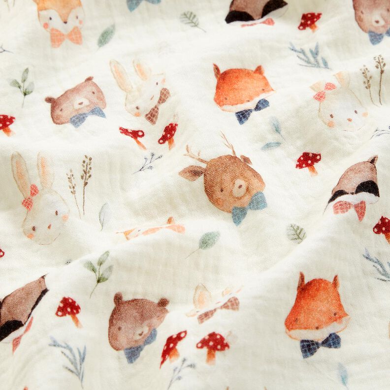 Musliini-/kaksikerroksinen kangas Metsäneläinten päät Digitaalipainatus – villanvalkoinen,  image number 2