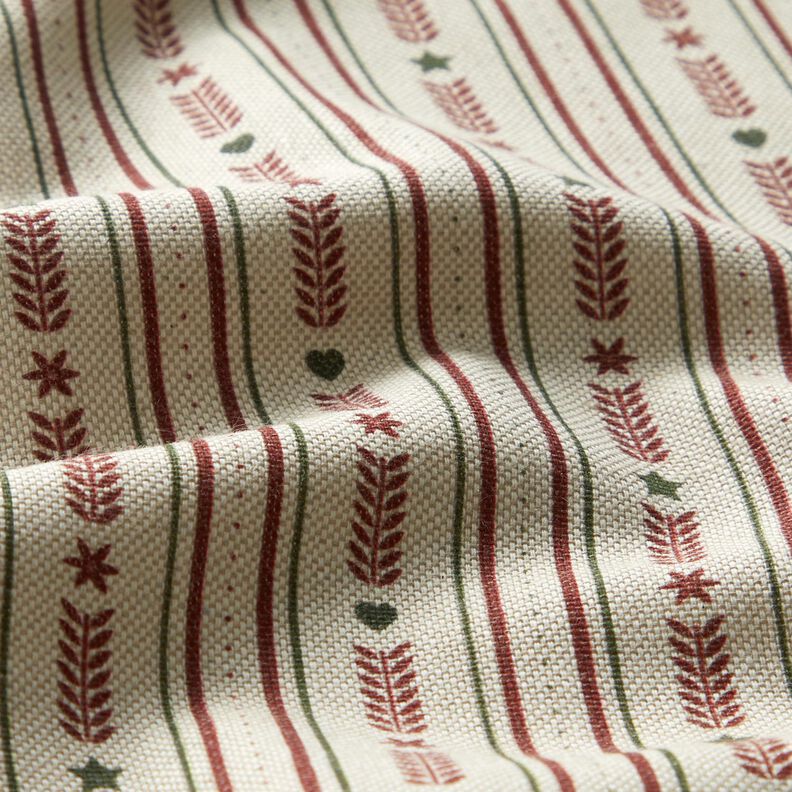 Sisustuskangas Puolipanama Raidat ja tähdet – luonnonvärinen/viininpunainen,  image number 2