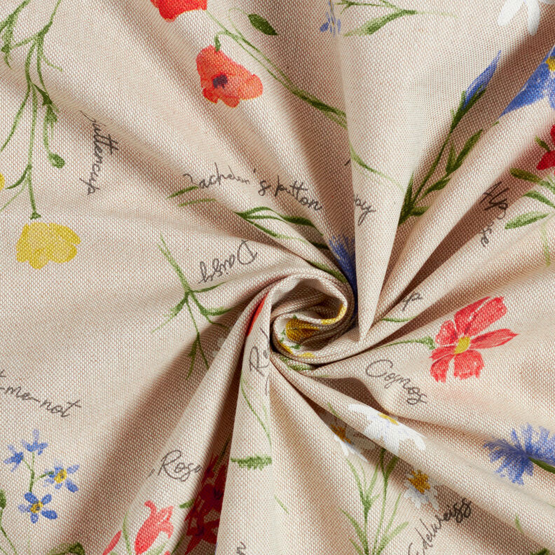 Sisustuskangas Puolipanama Alppikukat – luonnonvärinen/sininen,  image number 3