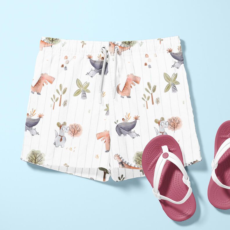 Puuvillapopliini Dinosaurukset ja raidat Digitaalipainatus &ndash; valkoinen/kaisla,  image number 5