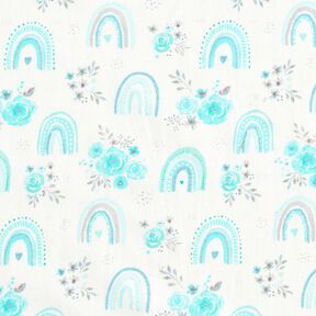 Puuvillapopliini Ruusut ja sateenkaaret &ndash; valkoinen/aalea turkoosi, 