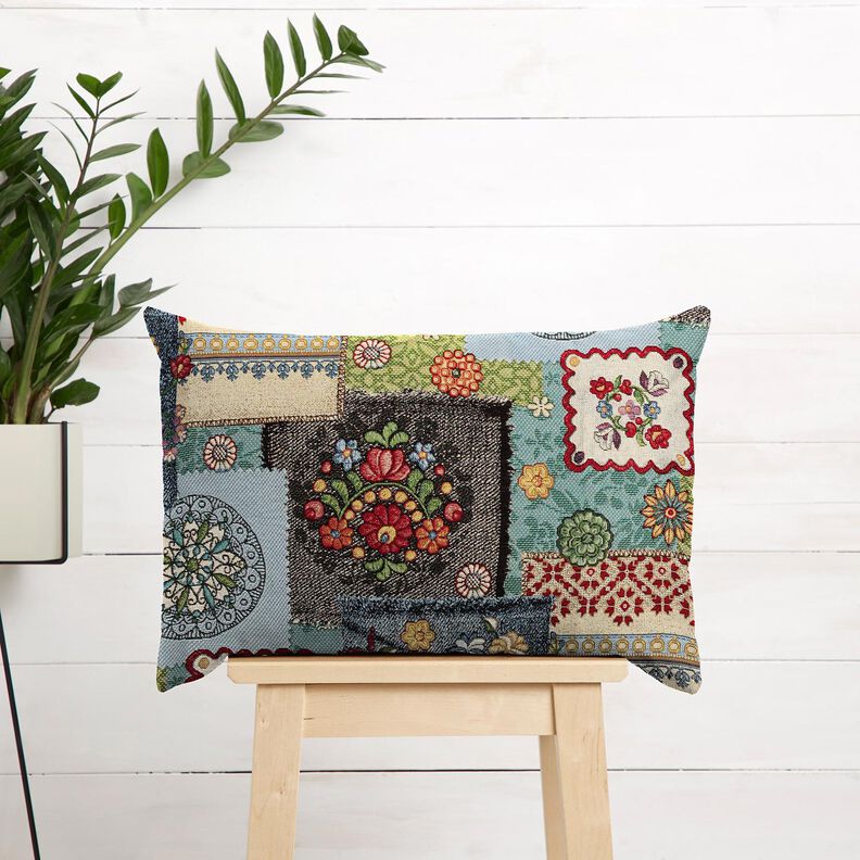 Sisustuskangas Gobeliini Farkku-tilkkutyö – vaalea beige/farkunsininen,  image number 6