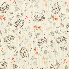 Musliini-/kaksikerroksinen kangas Siilit ja mets&auml;kasvit &ndash; villanvalkoinen, 