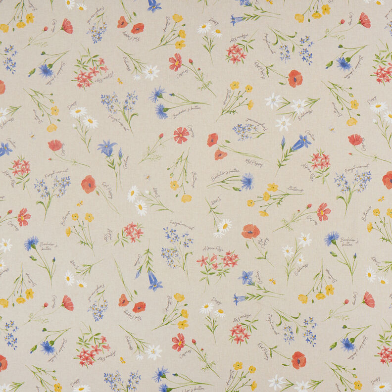 Sisustuskangas Puolipanama Alppikukat – luonnonvärinen/sininen,  image number 1