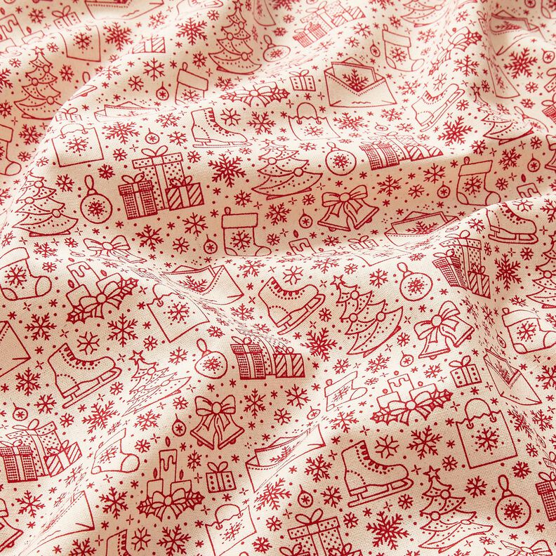 Puuvillakangas Kretonki graafiset jouluaiheiset kuviot – luonnonvärinen/karmiininpunainen,  image number 2