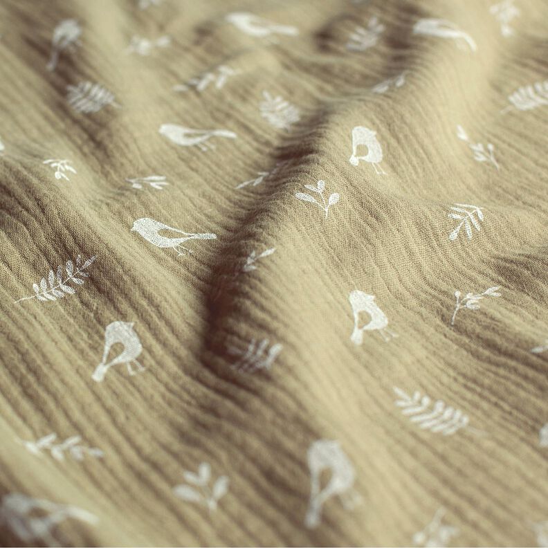 Musliini-/kaksikerroksinen kangas Oksat ja lintuset – vaalea khaki/valkoinen,  image number 2