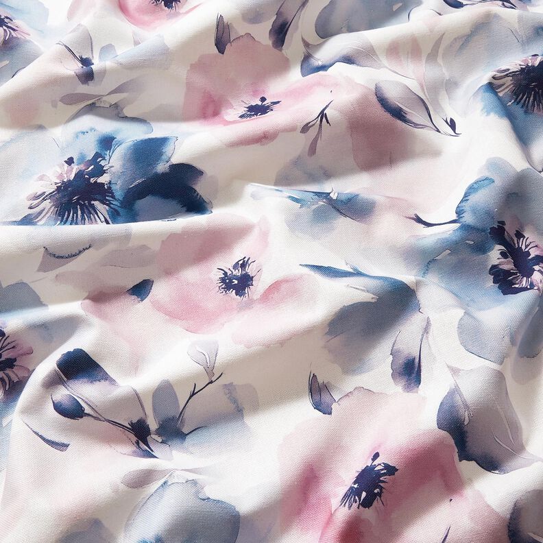 Sisustuskangas Puolipanama Suuret akvarellikukat &ndash; valkoinen/pastellivioletti,  image number 2