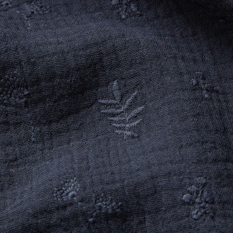 Musliini-/kaksikerroksinen kangas Kirjonta Kukat ja oksat – laivastonsininen,  image number 6