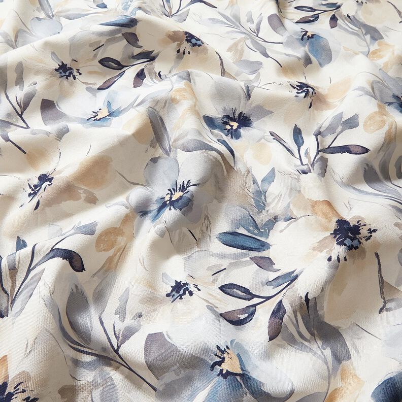 Sisustuskangas Puolipanama Suuret kukinnot &ndash; manteli/sininen,  image number 2