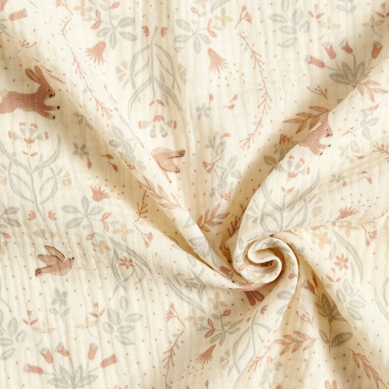 Musliini-/kaksikerroksinen kangas Lintu ja j&auml;nis kukkapuutarhassa &ndash; villanvalkoinen,  image number 3