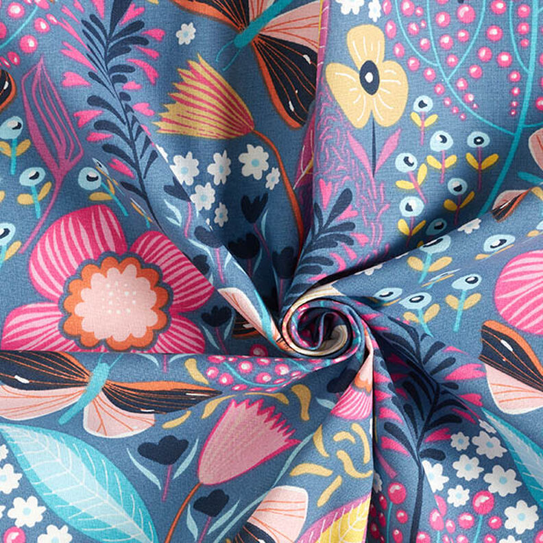 Puuvillakangas Kretonki Perhoset ja kukinnot – siniharmaa/pink,  image number 3